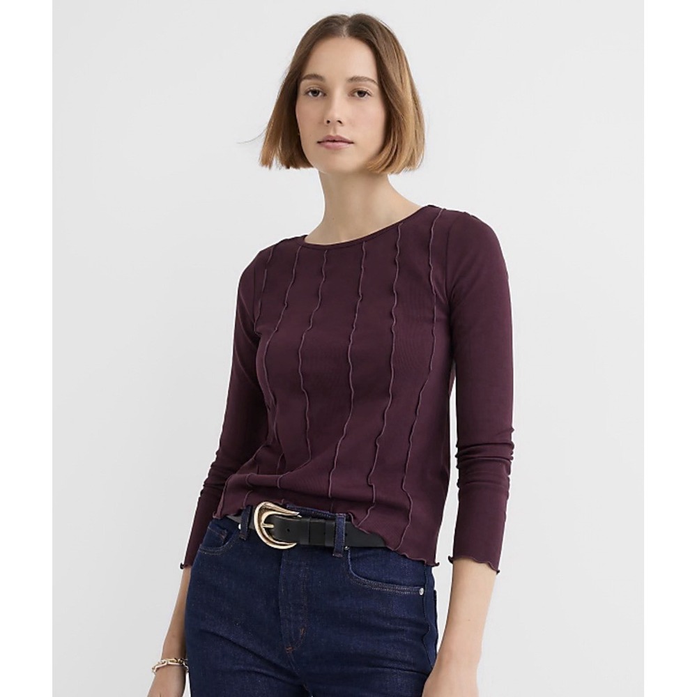 Loft Women's Plum Ruffle Trimmed Ribbed Long Sleeve Tee Size Medium $49.95